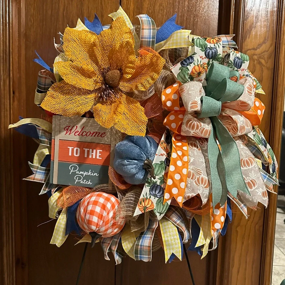 Festive Autumn Wreath with Pumpkin and Sunflower Accents